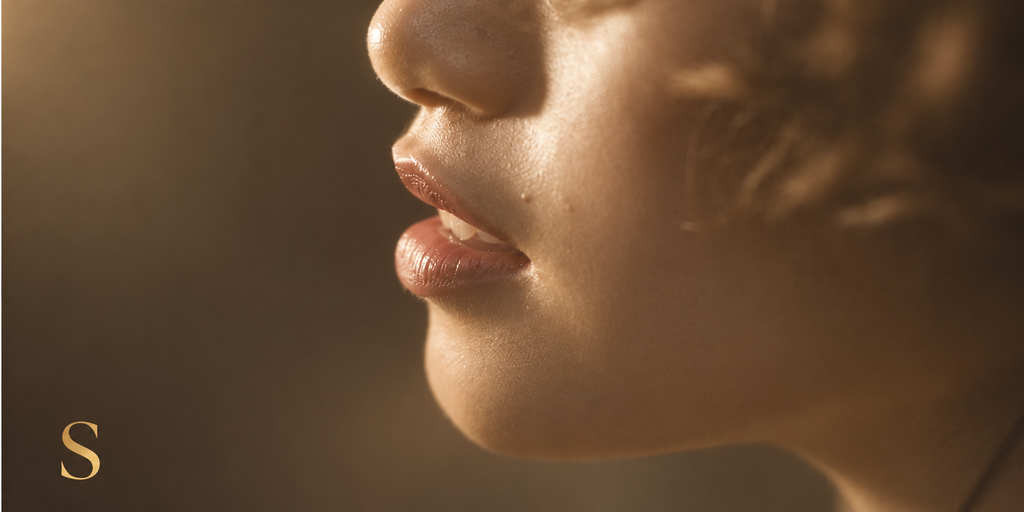 Gros plan d’un visage féminin dans une lumière douce et dorée, illustrant l’intimité et la sensualité pour un article sur la salive comme lubrifiant intime.