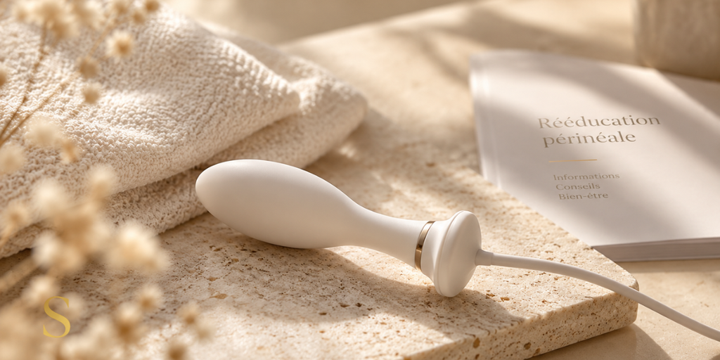 Sonde de rééducation périnéale sur fond ivoire et beige, illustrant le choix d’un lubrifiant compatible avec le dispositif.